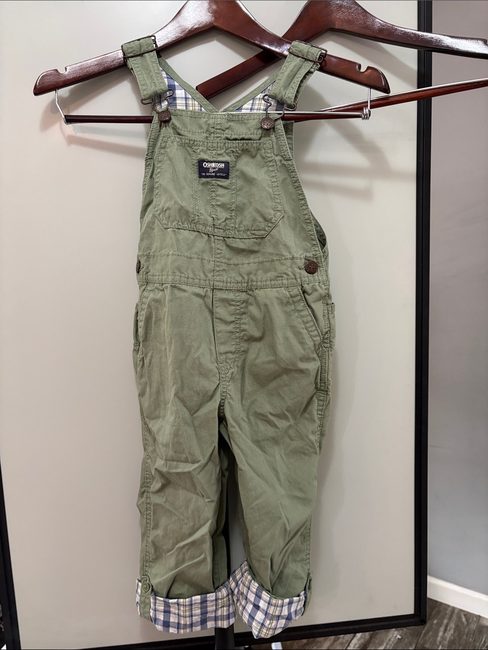 OshKosh B'gosh Olive Green Kids Bib Overalls with Plaid Cuffs